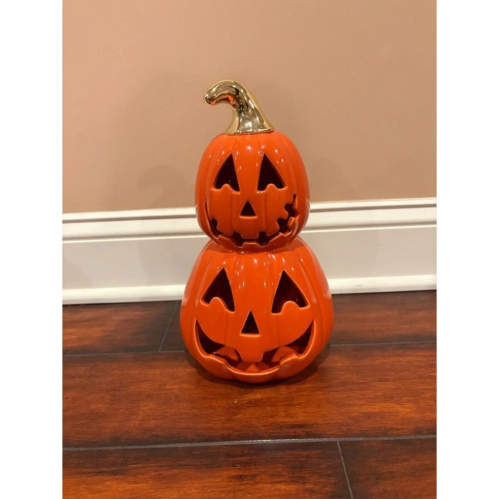 Orange Ceramic Stacked Light Up Pumpkin Jack-O-Lantern Gold Stem 12.5in Decor